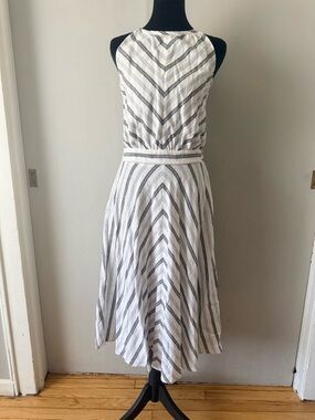 NY & Co. Striped A-Line Midi Dress in White and Gray